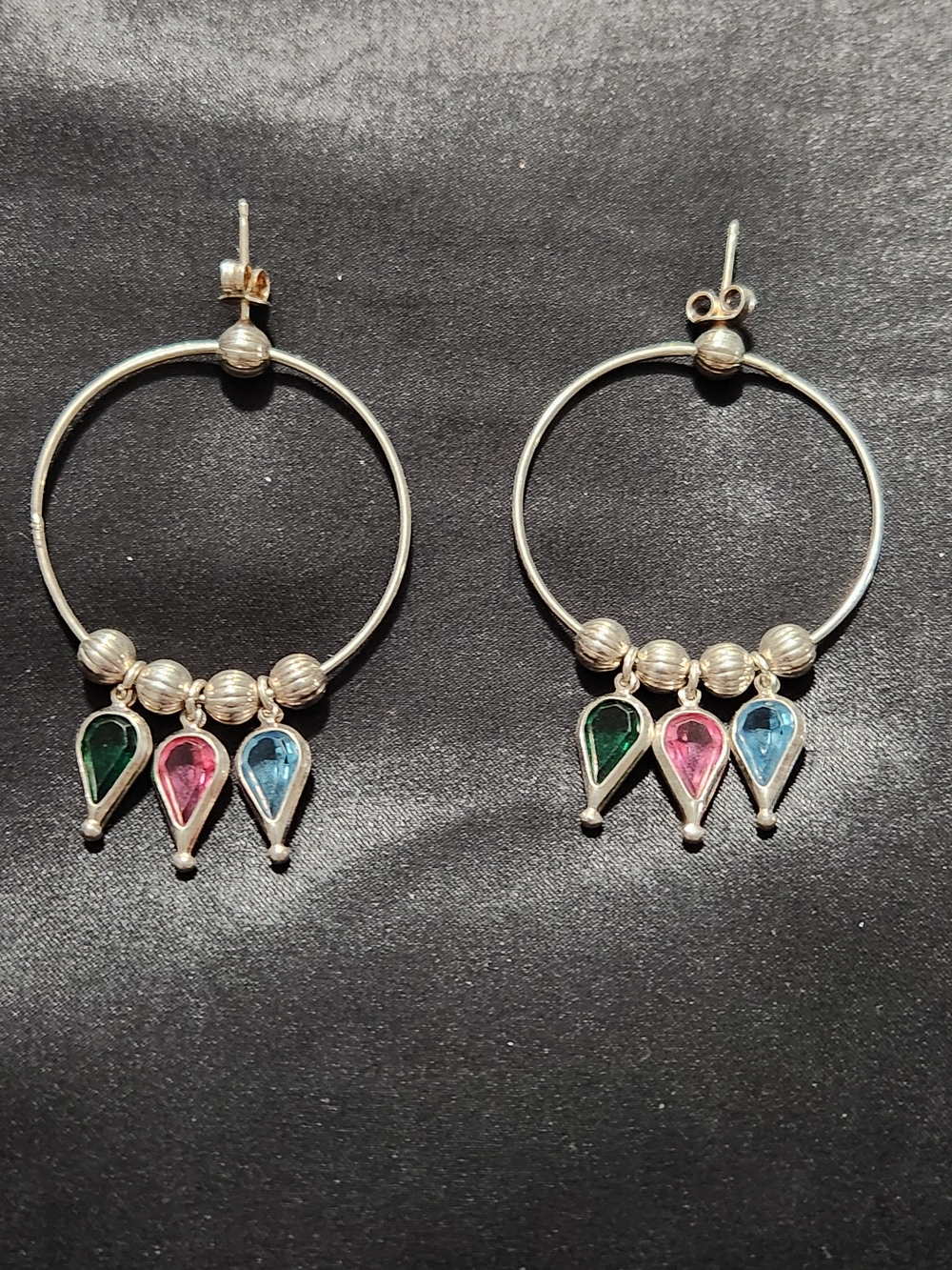 Silver 925 Hoop Earrings with Green, Pink and Blue Teardrop Stones